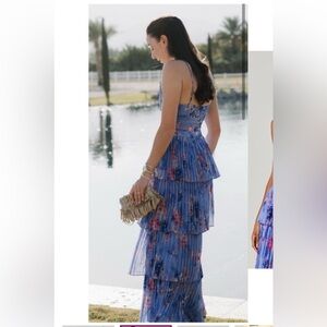 Astr Daytona Pleated Floral Tiered Maxi Dress in Blue & Pink Small $180-